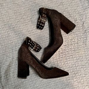 Marc Fisher Floral Velvet Ankle Strap Block Heels